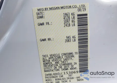 2020 Nissan Altima Sv Fwd из США, поврежденный, VIN 1N4BL4DV1LC153069